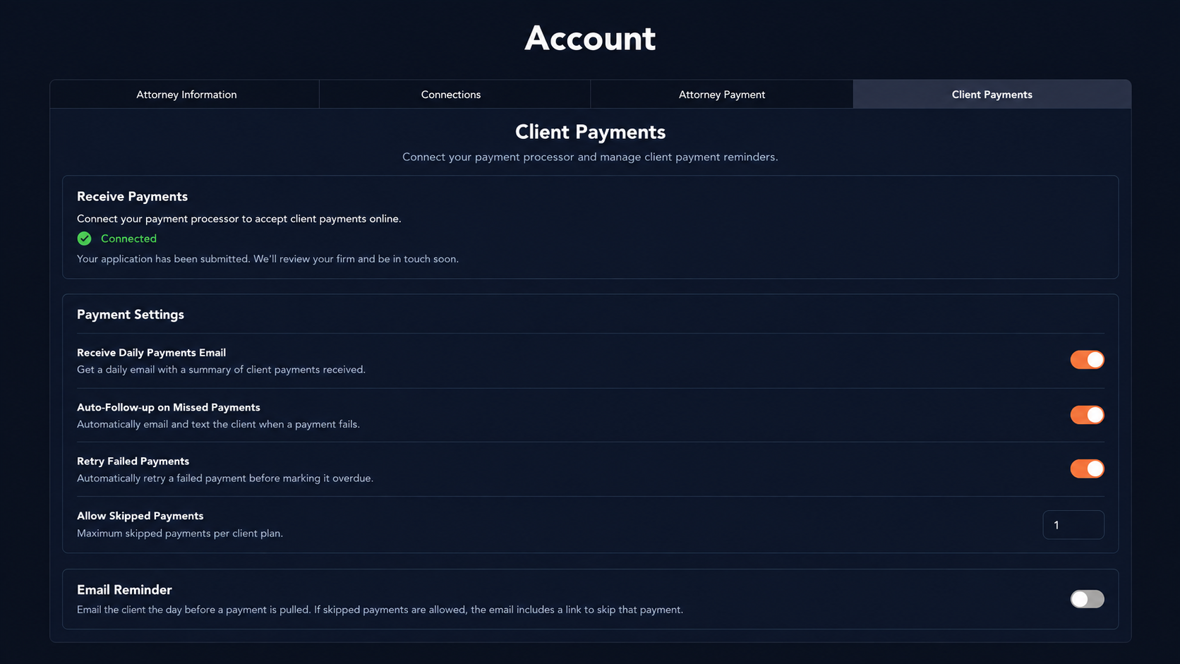 Fresh Start payment settings